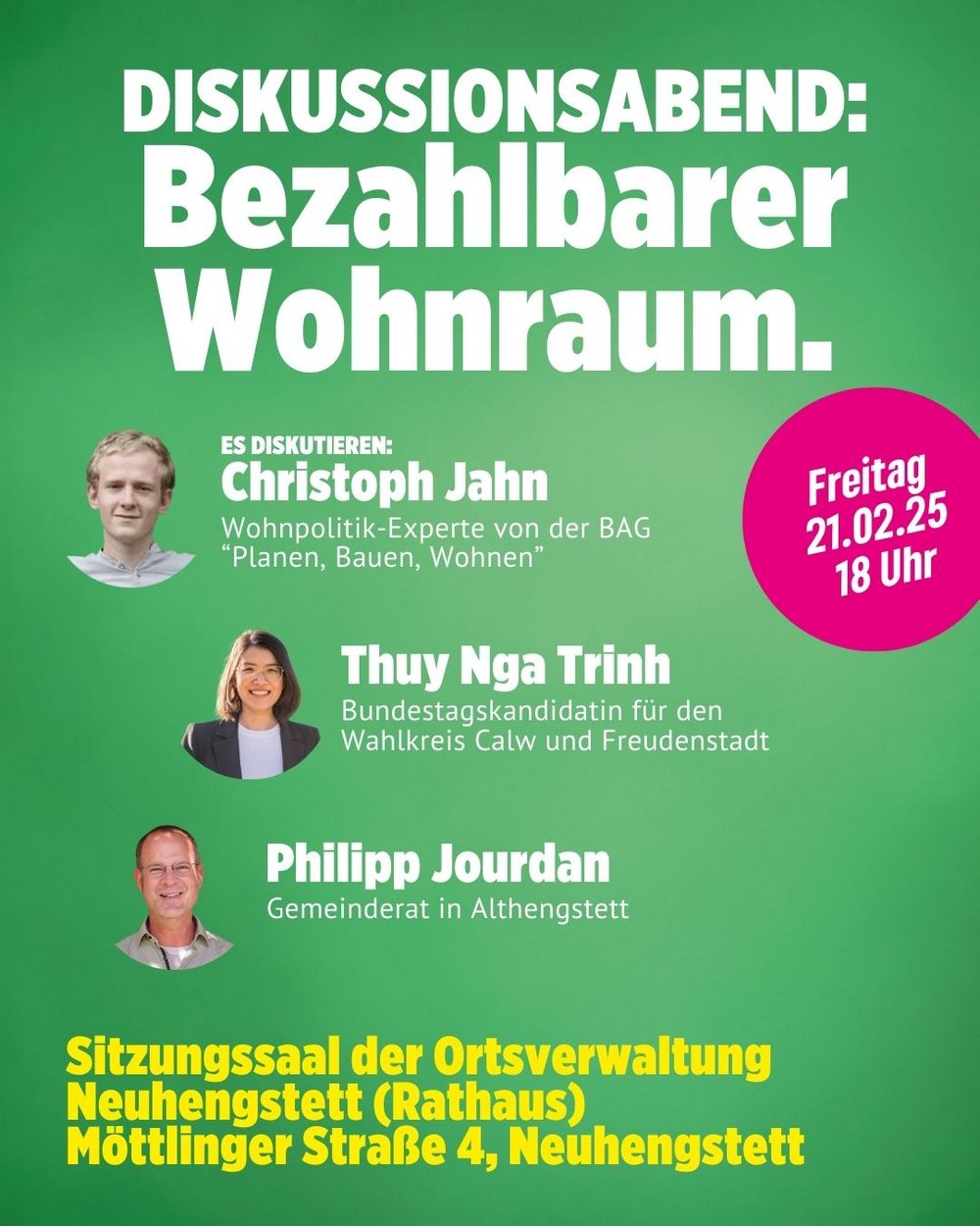 Sharepic zur Einladung "Bezahlbarer Wohnraum" mit Portraits der drei Diskutierenden