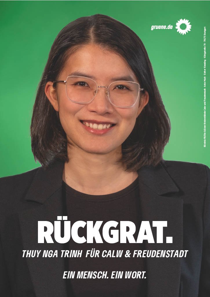 Thuy Nga Trinhs Kopfplakat für die Bundestagswahl 2025 mit ihrem Wort: Rückgrad