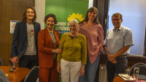 Gruppenbild vor einem grünen Banner